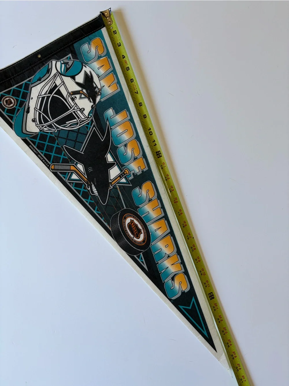 Vintage 1990s NHL San Jose Sharks Pennant Logo and Puck Teal, Black & Gold Ombré